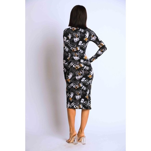 Women's Mock Neck Split Thigh Midi Bodycon Dress Long Sleeve Black S M L - Picture 4 of 8